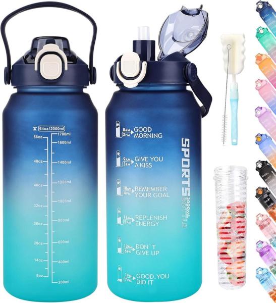 AOPREL Trinkflasche 2l Wasserflasche mit Strohhalm Früchtebehälter Sport BPA