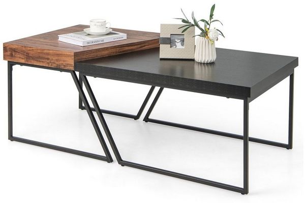 COSTWAY Couchtisch, 2er Set, Metallrahmen, 60x60 cm + 80x60 cm, industriell
