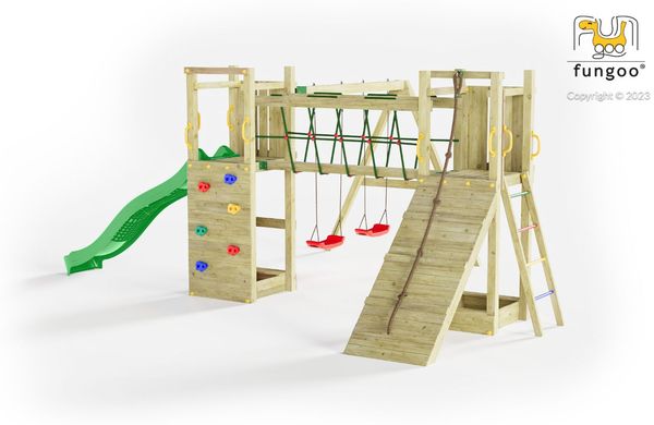 Fungoo Spielturm "Maxi Funny", natur,mit Doppelschaukel, Rutsche, Verbindungselement, Kletterwand und Rampe