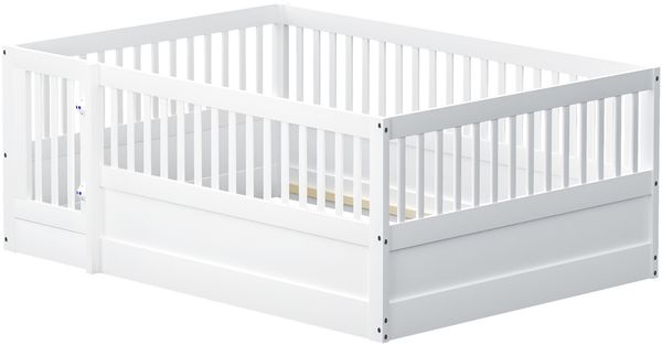 Bett 140x200 cm Kinder-Bodenbett aus Holzmaterial in Weiss mit Schutzgitter, Tür, ohne Matratze Bild 8