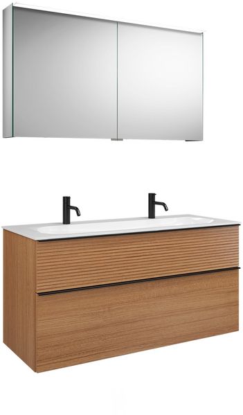 Burgbad FIUMO Waschtisch Set mit Spiegelschrank 122 cm breit, Braun, Doppelwaschbecken Gussmarmor Weiß