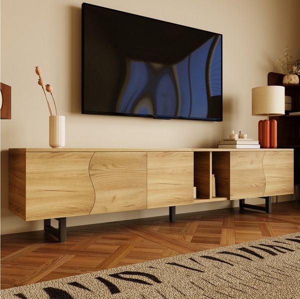Merax Lowboard mit schlankem Eisenrahmen (1 St, 191 x 38 x 46,5 cm (L x B x H), TV-Ständer TV-Schrank mit geschwungenen Türen & viel Stauraum