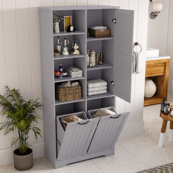 Flieks Badezimmer-Hochschrank 173 cm, Badschrank mit 2 herausklappbaren Wäschekörben, Mehrzweckschrank für Bad und Hauswirtschaftsraum, Grau