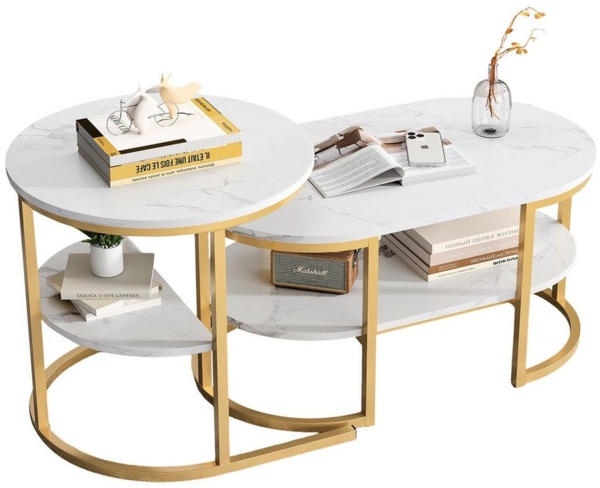 SEEZSSA Couchtisch 2er Set Couchtisch Runder Kaffeetisch Kombinationstische (Wohnzimmertisch Satztisch mit Ablage,Ovaler/rechteckiger Tisch), Modern Beistelltisch mit Stauraum,Metall,Champagnerfarbe Bild 5