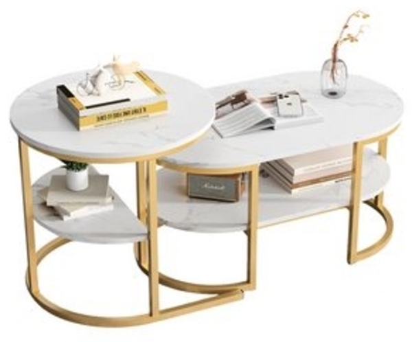 SEEZSSA Couchtisch 2er Set Couchtisch Runder Kaffeetisch Kombinationstische (Wohnzimmertisch Satztisch mit Ablage,Ovaler/rechteckiger Tisch), Modern Beistelltisch mit Stauraum,Metall,Champagnerfarbe Bild 6