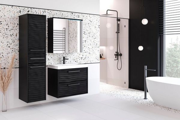 welltime Badmöbel-Set Canada, (Komplett-Set, 3-St, Fronten mit Wellenstruktur), Badmöbel mit Soft-Close, Spiegelschrank, Waschtisch mit Becken