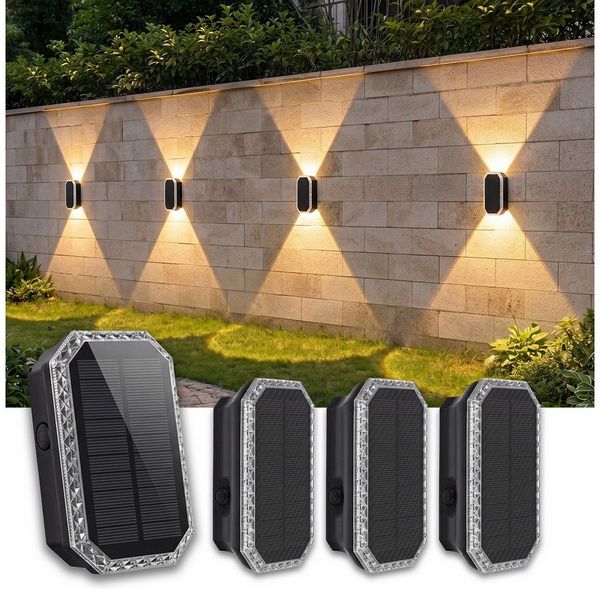 oyajia LED Außen-Wandleuchte Solar Wandleuchte Aussen, Solarlampen Up and Down, 2/4 Stück für Außen, 3 Farben Heller Solarleuchten, LED fest integriert, 3 Farben Heller Solarleuchten, Solarlampen für Außen Wand und Gartenzaun, für Hauswand, Terrasse