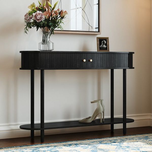 HOLTICO Konsolentisch mit Schiebetüren & Stauraumschrank, Schmaler Sofatisch, Eingangstisch (1-St), Sideboard-Tisch für Wohnzimmer, Flur, Schlafzimmer
