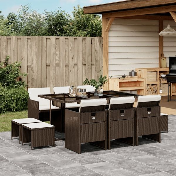 vidaXL 11-tlg. Garten-Essgruppe mit Kissen Braun Poly Rattan 3210609