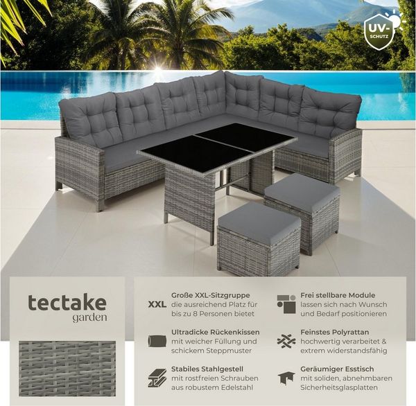 tectake Loungeset Rattan Lounge für 6 bis 8 Personen, mit Sicherheitsglasplatten, (Loungemöbel Barletta, 6-tlg, in grau-meliert/grau), widerstandsfähig, UV-beständig, dicke Rückenkissen