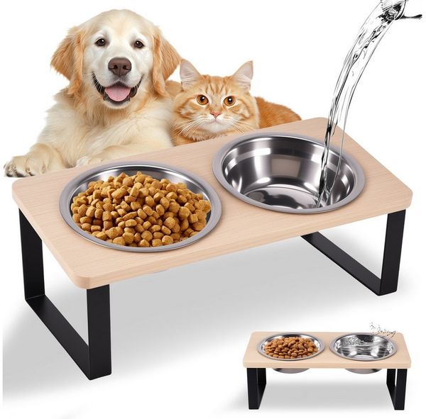 BlingBin Napf-Set Futterstation Katzen Erhöht, Katzennapf und Hundenapf mit 2 Näpfen, Edelstahl, Futternapf Katze Erhöht für Katzen und kleine Hunde