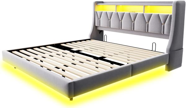 Polsterbett 180×200 cm mit umklappbarem Kopfteil, LED und USB/Typ-C, Hellgrau, ohne Matratze Bild 4
