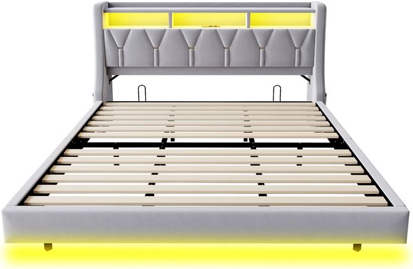 Polsterbett 180×200 cm mit umklappbarem Kopfteil, LED und USB/Typ-C, Hellgrau, ohne Matratze Bild 6
