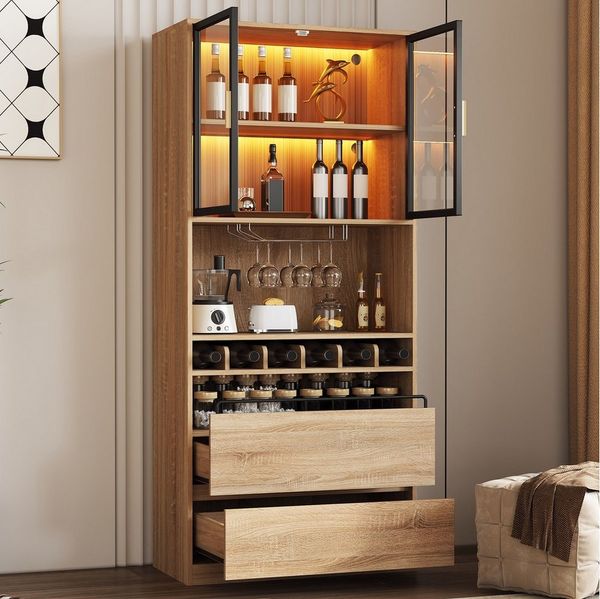Flieks Küchenbuffet mit LED-Beleuchtung, Weinregal, Gläserhalter und Gewürzregal (1-St, B80/T40/H180 cm) Hochschrank mit Glastüren und Schubladen Küchenschrank Standvitrine