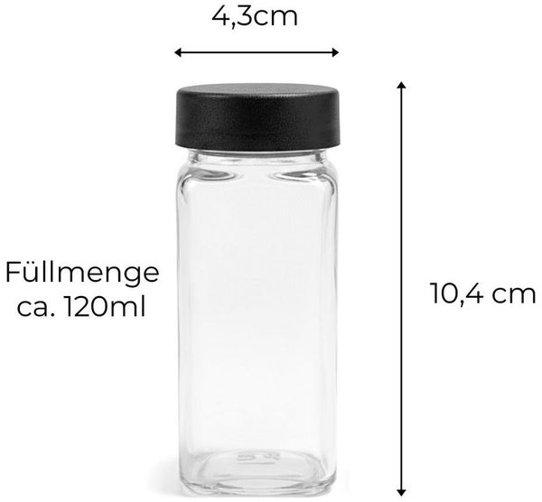 mixed24 Gewürzstreuer 24x Gewürzgläser Schwarze Deckel 120ml, (inkl. 240 Etiketten, 30x Streueinsätze, 24-tlg), 1x Edelstahl Trichter, 1x Reinigungsbürstchen