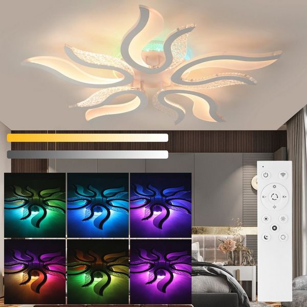 oyajia LED Deckenleuchte 54W Deckenleuchte mit RGB Farbwechsel Lamp, Dimmbar mit Fernbedienung, LED fest integriert, Kaltweiß/Naturweiß/Warmweiß+RGB Hintergrundbeleuchtung Farbwechsel, Modern Blumenform Deckenlampe für Schlafzimmer Kinderzimmer Wohnzimmer