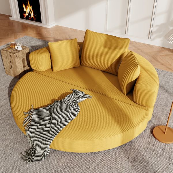 Flieks Modulares 2-in-1 Bodensofa & Bett – rundes Lounge, Multifunktionales Boneless Klappsofabett mit 3 Kissen, Cord, Gelb