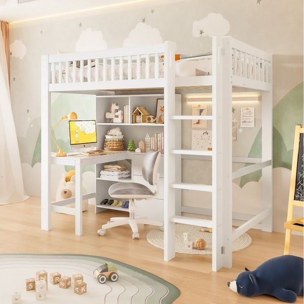 Flieks Hochbett Kinderbett Massivholzbett 90x200cm mit Schreibtisch und Stauraum