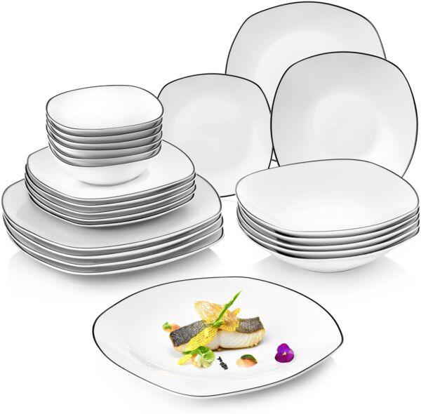 SÄNGER Porzellan Geschirrset Bilgola Black Rim, Tafelservice 24 teilig für 6 Personen