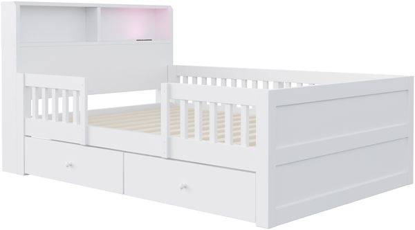 Merax Holzbett 90x190 cm, Kinderbett, Einzelbett, USB- und Tape-C-Kombi-Steckdose, kleine LED-Leuchte, Kopfteil mit Ablagefunktion, Multifunktionsbett, Kiefernholz, Weiß Bild 8