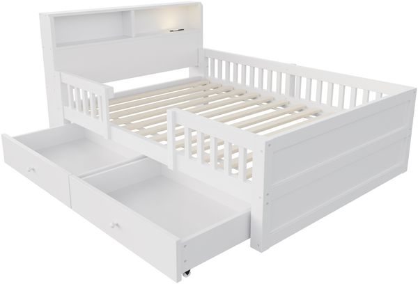 Merax Holzbett 90x190 cm, Kinderbett, Einzelbett, USB- und Tape-C-Kombi-Steckdose, kleine LED-Leuchte, Kopfteil mit Ablagefunktion, Multifunktionsbett, Kiefernholz, Weiß Bild 9