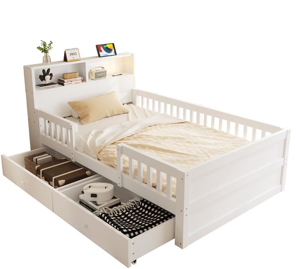 Merax Holzbett 90x190 cm, Kinderbett, Einzelbett, USB- und Tape-C-Kombi-Steckdose, kleine LED-Leuchte, Kopfteil mit Ablagefunktion, Multifunktionsbett, Kiefernholz, Weiß Bild 10
