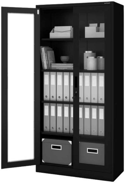 Vitrinenschrank abschließbar AMELIA - Glastüren, 5 Ebenen | Büroschrank aus Stahl Aktenschrank mit Glasfenster Metallschrank Mehrzweckschrank, 185x90x40cm Schwarz