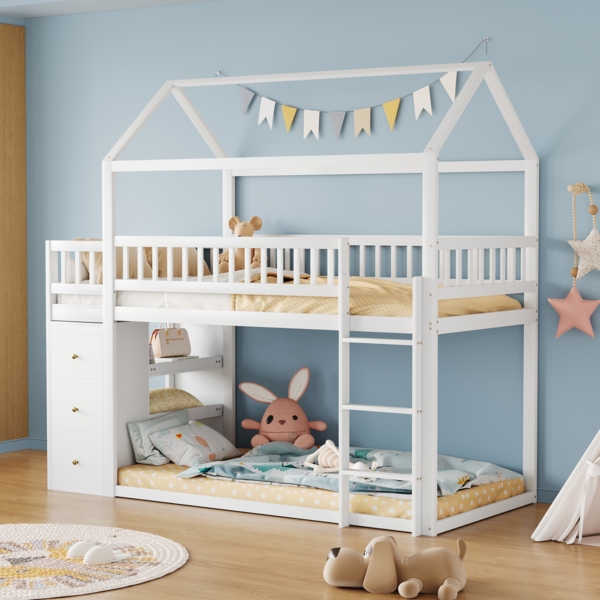 Kinder Etagenbett 90x200 cm aus Massivholz Hausform mit Sicherheitsleiter, Schubladen & Regal – Stauraumbett,Weiß