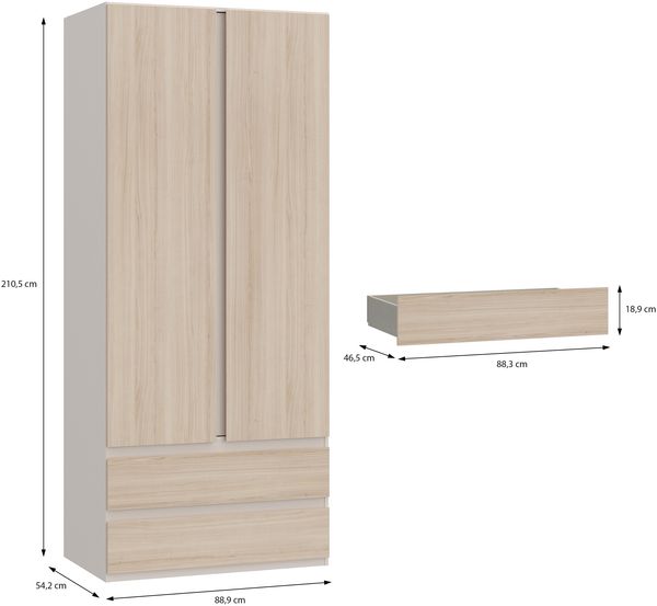 Forte PANOPTIK Kleiderschrank 90, schmaler, moderner Schrank, 2-türig, 2 Schubladen, Schlafzimmer, Jugendzimmer, Kaschmir|Beige|Riva Eiche Holzdekor, 48 cm breit x 210,5 cm hoch x 54,2 cm tief Bild 6