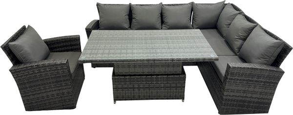 Fimous Hoher Rücken Polyrattan Ecksofa Set Gartenmöbel Höhenverstellbarer Esstisch Set mit Sesseln