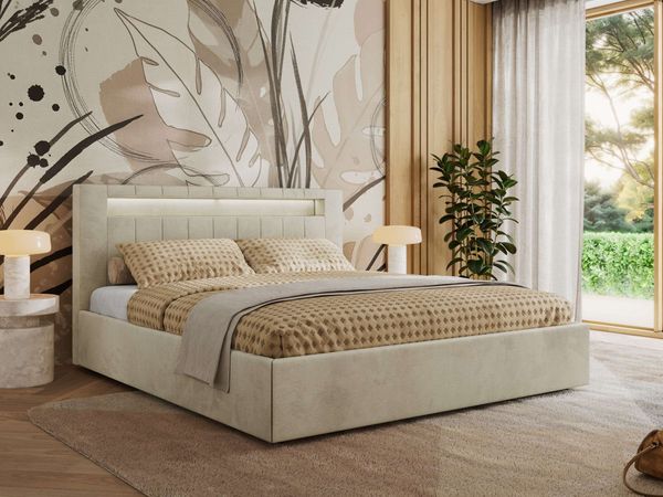 Polsterbett GOLD 5 CLASSIC 180 x 200 cm mit LED-Beleuchtung & Bettkasten, Doppelbett inkl. Lattenrost, Metall-Lift-System & Stauraum, Foam Matratze - Beige Velvet - MIRO LUX