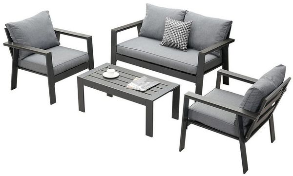 MeXo Gartenlounge-Set Balkonmöbel Set 4 Personen Aluminium Wetterfest, (Belastbarkeit pro Sitzplatz 140 kg, 4-tlg, mit ergonomischen Sesseln und extra dicken Kissen), Lounge Sofa outdoor mit bequemer Neigung der Lehne Gartensofa