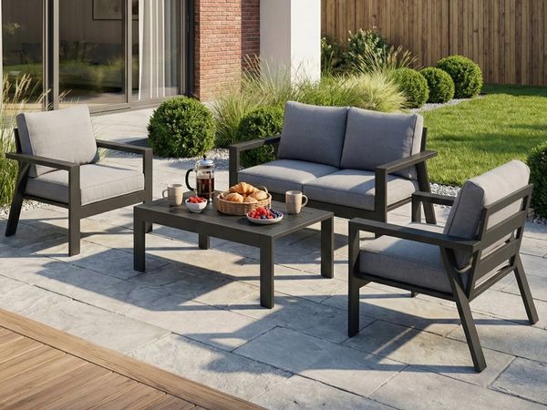MeXo Gartenlounge-Set Balkonmöbel Set 4 Personen Aluminium Wetterfest, (Belastbarkeit pro Sitzplatz 140 kg, 4-tlg, mit ergonomischen Sesseln und extra dicken Kissen), Lounge Sofa outdoor mit bequemer Neigung der Lehne Gartensofa