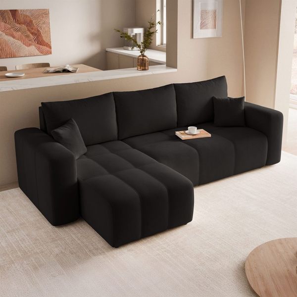 Ecksofa Schlafsofa Sofa LEROS in Stoff Manila Schwarz Ottomane Links