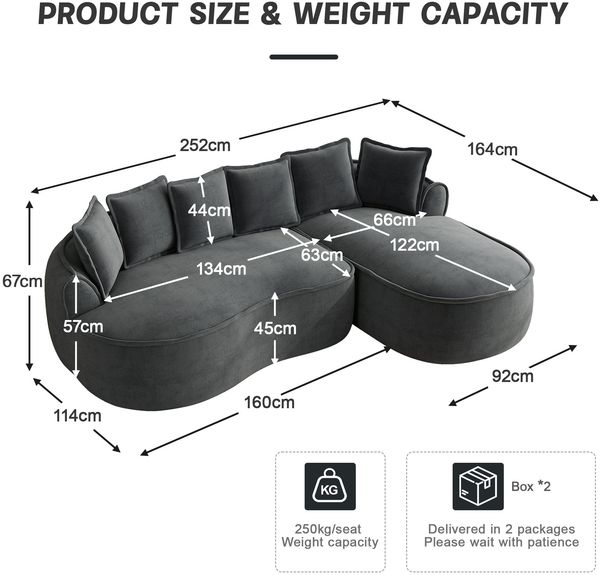 Modulsofa Chenille mit tiefer Chaiselongue & breiten Armlehnen, 252x164x67 cm, grau Bild 6