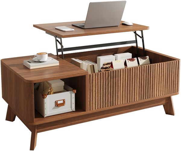 Couchtisch mit Hubfunktion, Wellenoptik, offenes Seitenfach, MDF-Material, Moderner Stil