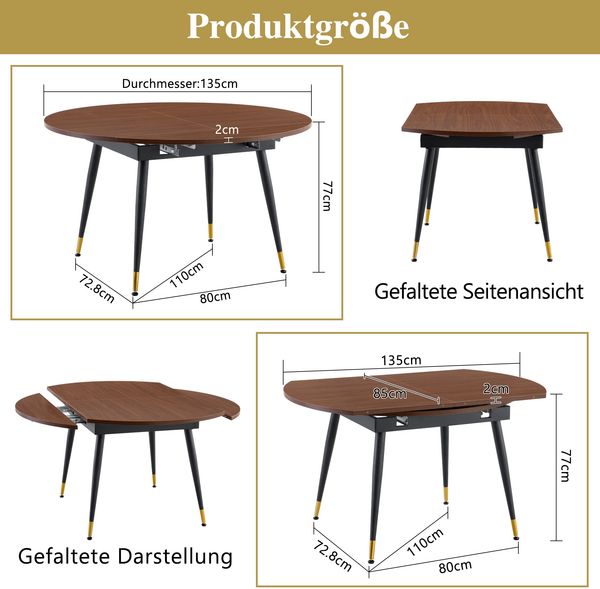 Moderner Ausziehbarer Esstisch, Verwandelt sich von Rund zu Oval, MDF-Platte in Schwarz/Nussbaum mit Gold-Akzenten, Stabile Metallbeine, Platzsparend für Küche & Esszimmer, Braun Bild 5