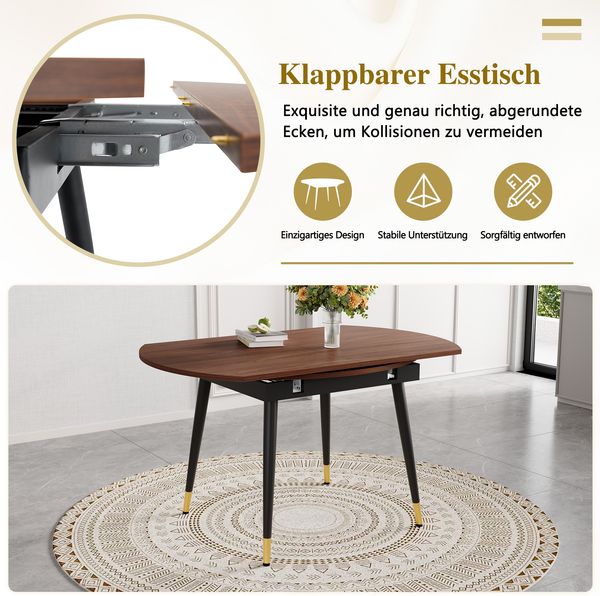 Moderner Ausziehbarer Esstisch, Verwandelt sich von Rund zu Oval, MDF-Platte in Schwarz/Nussbaum mit Gold-Akzenten, Stabile Metallbeine, Platzsparend für Küche & Esszimmer, Braun Bild 6