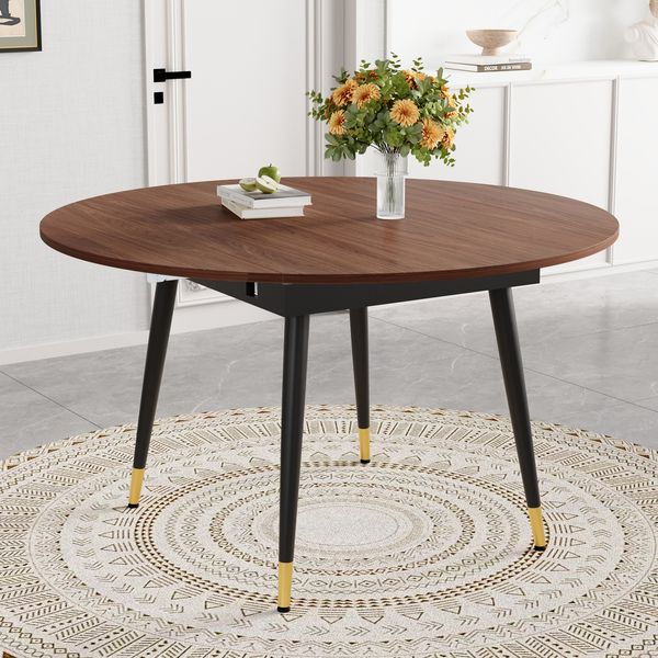 Moderner Ausziehbarer Esstisch, Verwandelt sich von Rund zu Oval, MDF-Platte in Schwarz/Nussbaum mit Gold-Akzenten, Stabile Metallbeine, Platzsparend für Küche & Esszimmer, Braun