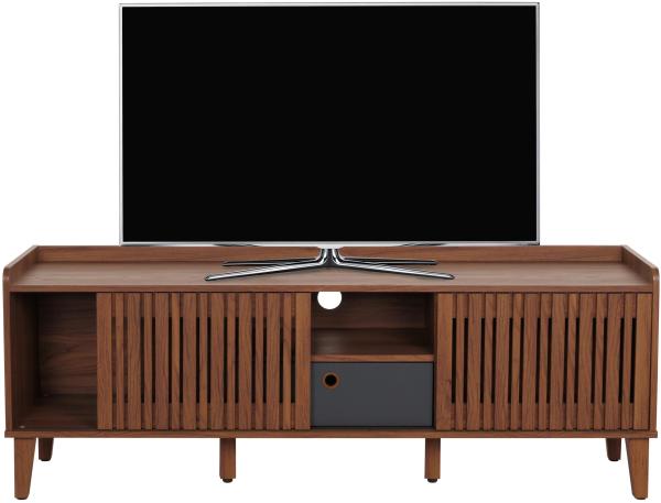 TV-Rack HWC-M48, Lowboard TV-Schrank, Schiebetür Mango-Massivholz 56x150x40cm ~ Walnuss-Optik, Schublade dunkelgrau