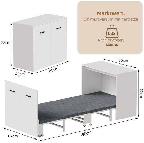 TWSOUL Schrankbett mit Matratze, klappbares Gästebett im Schrank,Platzsparendes Klappbett auf Rollen, 2-in-1 Möbel für Wohnzimmer & Gästezimmer, Weiß