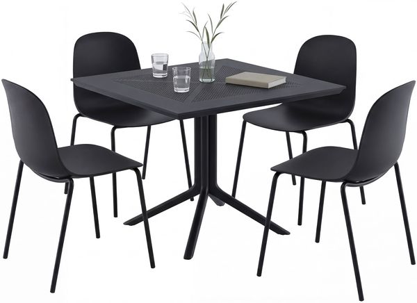 CLP Gartenmöbel-Set Zeron mit 4 Stapelstühlen und quadratischem Esstisch 80x80 cm,schwarz