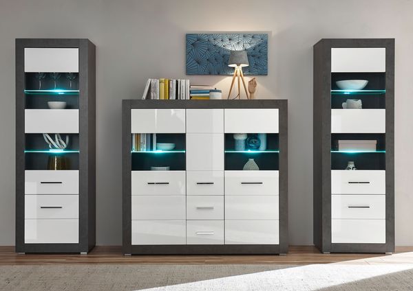 Etero Wohnwand 279cm dark concret / weiß Hochglanz Highboard Modern Vitrine