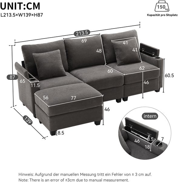 Ecksofa 213,5 x 139 x 87 cm – Sitzfläche 139 x 77 cm, Cord-Stoff, USB-Ladeanschluss, Dunkelgrau Bild 4