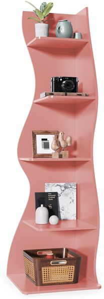 LITTLE TREE Bücherregal Ecke, Modernes Regal Schmal mit 6 Ebenen, 50 x 48 x 179 cm Bücherregal Holz, Standregal mit Wellen-Design für Kleine Räume, Wohnzimmer & Schlafzimmer, Rosa, 1er Pack