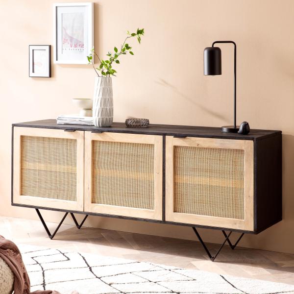 FineBuy Sideboard 175x75x45 cm Mango Massivholz / Rattan Kommode mit 3 Türen, Hoher Kommodenschrank Schwarz / Braun, Standschrank Wohnzimmer, Anrichte Rohrgeflecht Braun