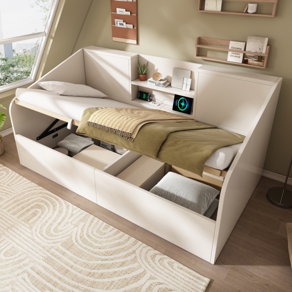 Merax Einzelbett 90x190 cm, Holzbett, Hydraulisches Tagesbett, Kinderbett, Jugendbett, mit 2 Ablagen, großem Stauraum & USB/Type-C-Ladestation, Lattenrost inkl, Weiß