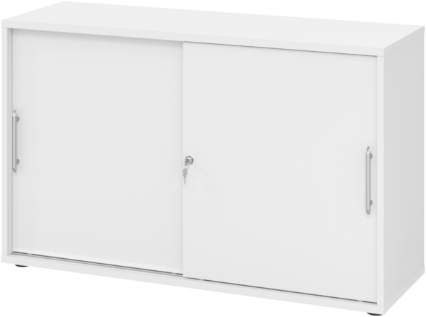 bümö Schiebetürenschrank 2OH - Aktenschrank abschließbar, Sideboard Schrank mit Schiebetüren in weiss, Relinggriff - Büroschrank aus Holz mit Schiebetür, Büro Kommode für Ordner & Co, 1752S-W-W-RE