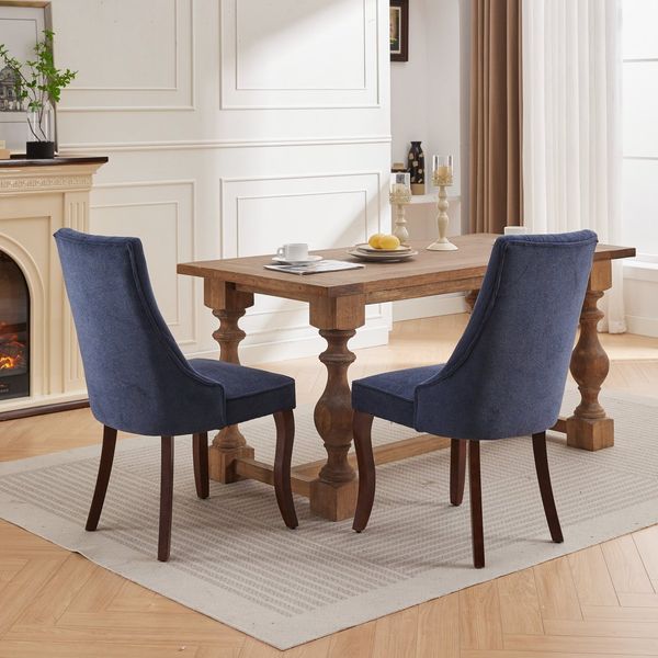 Esszimmerstuhl-Set in Blau mit hoher Rückenlehne aus Chenille, 50 x 64 x 95,5 cm, Massivholzgestell und Ziernieten