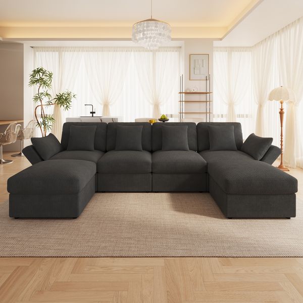 Merax U-förmiges Ecksofa, modulare Wohnzimmerkombination, Sechssitzer-Sofa mit verstellbaren Armlehnen und abnehmbarem Hocker, Cordstoff, Grau